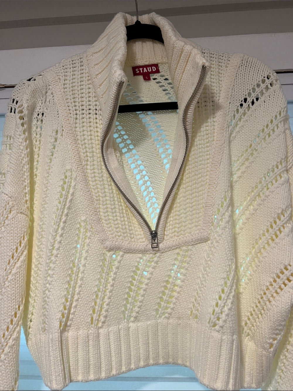 STAUD Cream Open-Knit Half-Zip Funnel Sweater